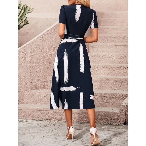 minimalist Brush Print Knot Side Wrap midi Dress black white - Picture 11 of 12